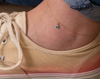 14K 18K Solid Gold Tiny Birthstone Anklet, Personalized Ankle Bracelet, Dainty Anklet, Dangle CZ Stone Birthstone Anklet, Mother's Day Gift