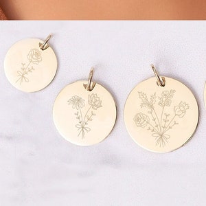Personalisierte Geburt Monat Blumenstrauß Disc Anhänger 14K 18K SOLID Gold Kombiniert Geburt Blume Anhänger Floral botanische Halskette Geschenk für sie