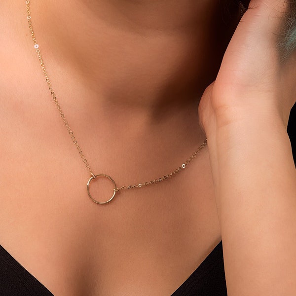 14K 18K Delicate Open Circle Necklace, Dainty Gold Circle Necklace Choker, Best Everyday Karma Necklace, Minimal Outline Charm Choker Gift