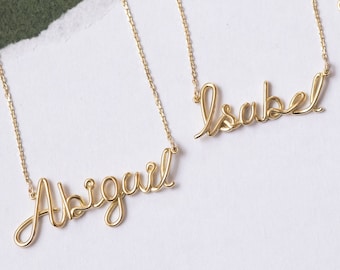 14k 18K Solid Gold Custom Name Wire Necklace, Personalized Name Real Gold Necklace, Your Word Unique Name Necklace Gift For Her Anniversary