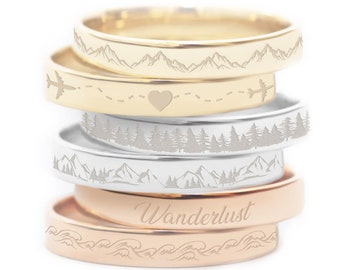 Anillo de oro con diseño de montaña, cordillera, bosque u olas, grabado en oro de 10K, 14K o 18K. Regalo ideal para tu mejor amigo o amiga amante de la naturaleza.
