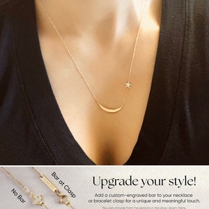 14k 18k Solid Gold Diamond Crescent Moon & Star Necklace, 14k yellow white or rose solid gold natural diamond necklace, gift for her