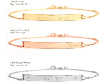 14k Solid Gold Custom Name Bar Bracelet, Engrave Name Date Coordinate Long Gold Bar Bracelet, Dainty Personalized Name Bracelet Gift for Her