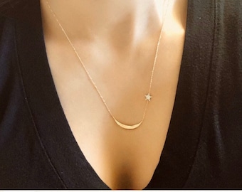 14k 18k Solid Gold Diamond Crescent Moon & Star Necklace, 14k yellow white or rose solid gold natural diamond necklace, gift for her