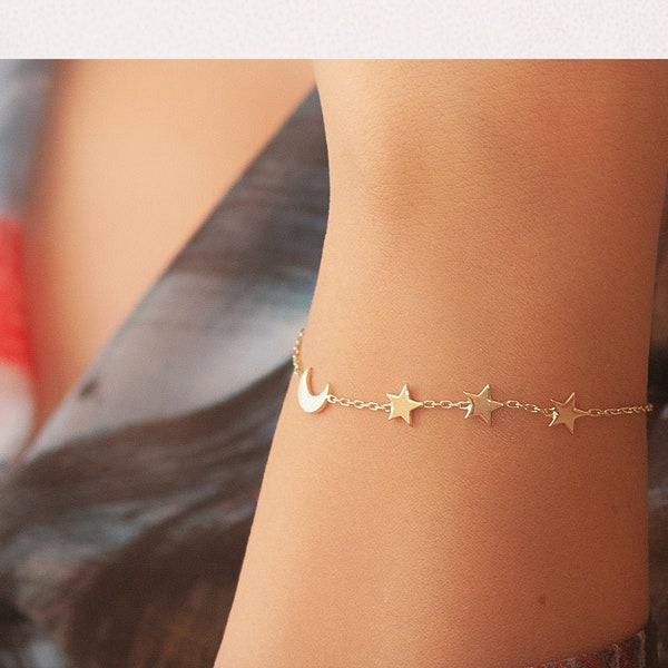 14k 18k Gold Crescent Moon and Star Gold Bracelet, Elegant Solid Gold Moon Star Bracelet is a Great Gift For Her. Moon and 3 Star Bracelet.