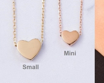 14k 18k Solid Gold Tiny Heart Necklace, Sliding Dainty Heart Charm Necklace, Small Heart Initial Necklace, Letter Heart Necklace Gift For