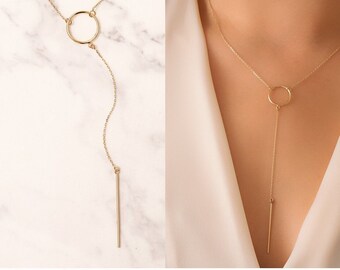 14k Solid Gold Drop Bar Lariat Necklace, Open Circle Lariat Gold Necklace, Vertical Long Lariat Necklace, Delicate Y Necklace Gift for Her