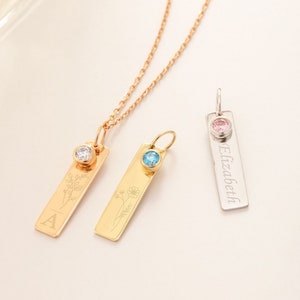 Collar con colgante de etiqueta de barra pequeña de oro macizo de 14 quilates y 18 quilates, collar de barra vertical con piedra de nacimiento de circonita cúbica personalizada, nombres, letras y fechas grabados a medida