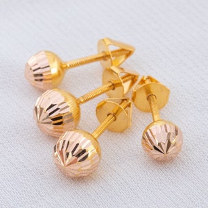 14K Real Gold Screw Back Ball Earrings, Diamond Cut Rose Gold Hollow Ball Earrings, Sparkle Ball Screwback Stud Earring 4mm 5mm 6mm 7mm Gift