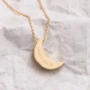14K 18K Real Gold Moon Cremation Urn Necklace, Custom Engrave Gold Crescent Moon Necklace Dad Mom Son Baby Sister Grandpa, Ashes Holder for