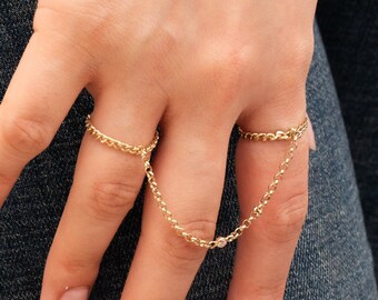 Double Finger Ring, 14K Solid Gold Cuban&Rolo Chain Link Ring, Body Jewelry, Chain Knuckle Ring, Multiple Finger Chain Linked, Diamond or CZ
