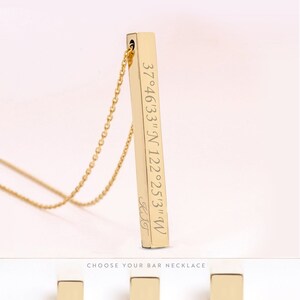 Collar con barra larga de 3 cm en oro de 14 k y 18 k, collar con barra 3D de oro personalizado para hombre y mujer, collar con barra unisex de oro con coordenadas grabadas, fechas y nombres.
