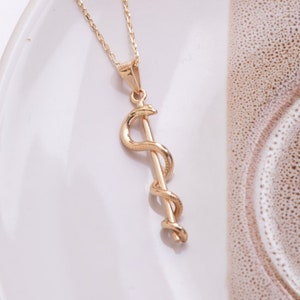 Rod Of Asclepius Pendant Necklace in 14K 18K solid Gold, Staff of Asclepius Jewelry, Medical First Responder Unisex Gift for Doctor Nurse