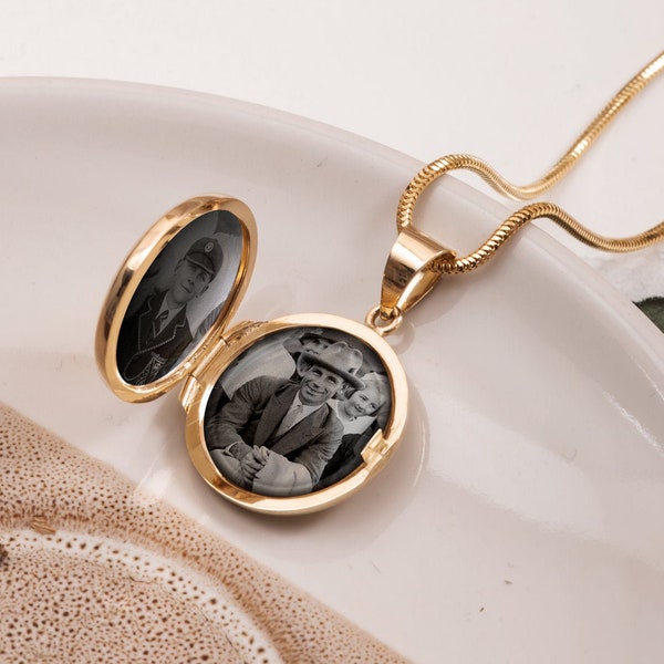 14K Solid Gold Custom Locket Pendant, Two Photo Heart Shaped Locket , Round Keepsake Locket , Oval Memorial Family Jewelery, Gift For Her