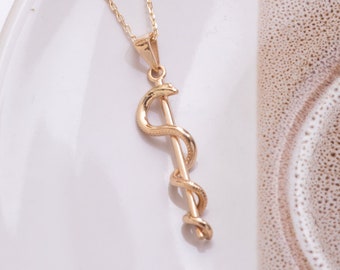 Rod Of Asclepius Pendant Necklace in 14K 18K solid Gold, Staff of Asclepius Jewelry, Medical First Responder Unisex Gift for Doctor Nurse