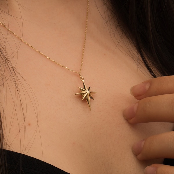 North Star Cremation Urn Remembrance Ashes Pendant Necklace 14K 18K Solid Gold, Starburst Polaris Charm Celestial Memorial Jewelry For Her