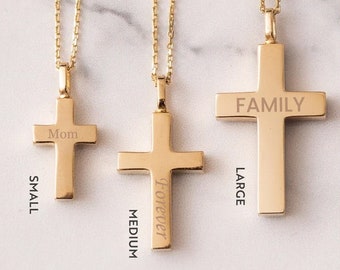 14K 18K Gold Cross Cremation Urn Necklace, Both Side Custom Engraved Memorial Cross Necklace, Vertical Ashes Necklace For Dad Mom Son Pet