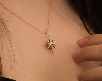 North Star Cremation Urn Remembrance Ashes Pendant Necklace 14K 18K Solid Gold, Starburst Polaris Charm Celestial Memorial Jewelry For Her