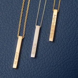 14K 18k Echtgold Personalisierte Vertikale 3 cm Bar Halskette, 4-seitig Benutzerdefinierte Name Gravieren Halskette, 3D Bar Familie Halskette, Geschenk personalisieren