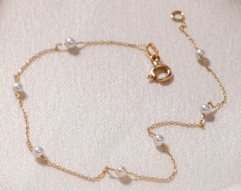 Multi Pearl Bracelet 14k Solid Gold, Dainty Real Gold Freshwater Pearl Bracelet, Stylish Minimal Daily Wear Bracelet, Gift For Bridesmaid
