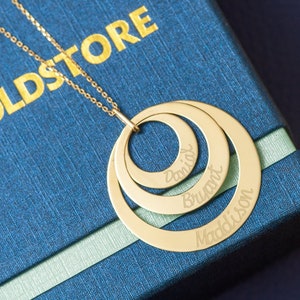 Collar de oro macizo con nombre grabado de 2, 3 y 4 anillos, collar de oro circular con nombre de niño personalizado, collar familiar circular personalizado, gran regalo para mamá.