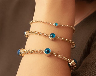 14k Gold Evil Eye Bracelet, Evil Eye Rolo Chain Solid Gold Bracelet, 1 2 3 4 5 Blue Eyes Real Gold Eye Station Bracelet a Great Gift For Her