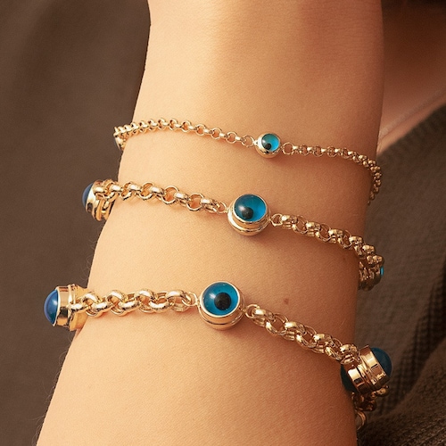 14K Solid Gold Evil Eye Bracelet With Thicker or Thinner Rolo Etsy