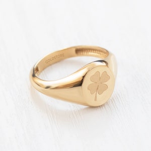 14K Solid Gold Engravable Initial Signet Ring,Letter or Sign 18K Gold Pinky Ring is Great Gift For Her. Clover Pinky Ring Gift For Women