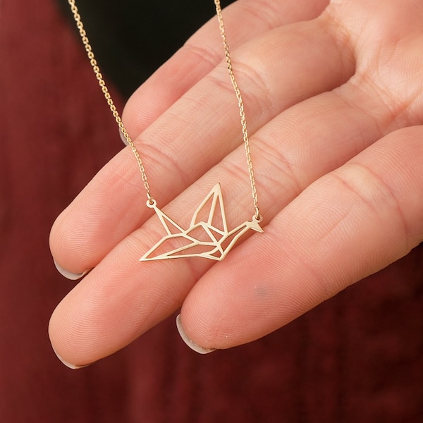 14k 18k Solid Gold Origami Kranich Halskette, zierliche Kranich Halskette, Origami Schmuck, Schutzvogel Halskette, asiatischer Schmuck, Geschenk für sie