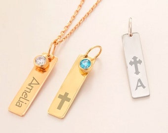 14K/18K Gold Cross Pendant Necklace w/Custom Birthstone, Engraved Initial Bar, Personalized Religious Jewelry, Perfect Gift for Any Occasion