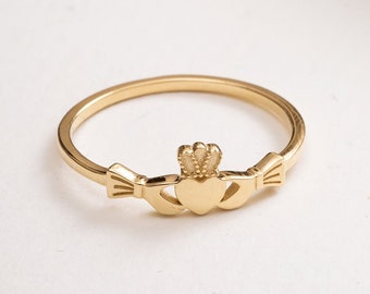 14k 18k Real Solid Gold Celtic Claddagh Ring, Claddagh Promise Ring, Petite Dainty Heart Claddagh Ring, Vintage Irish Celtic Claddagh Ring