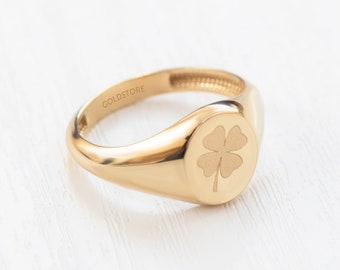 14K Solid Gold Engravable Initial Signet Ring,Letter or Sign 18K Gold Pinky Ring is Great Gift For Her. Clover Pinky Ring Gift For Women