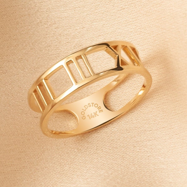 Bague en chiffres romains personnalisés en or massif 14K 18K, bande de date de mariage personnalisée, véritable anniversaire en or massif ou cadeau de bague de promesse pour sa maman