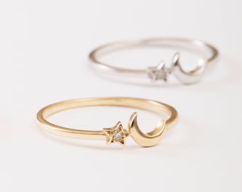 Diamond Crescent Moon Star Ring 14K 18K Solid Gold, Dainty Moon Star Promise Gold Diamond or Cz Ring, Celestial Stackable Ring Gift for Her