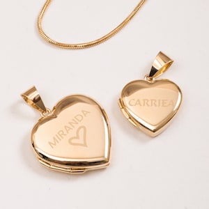 14K Solid Yellow Gold Heart Locket Pendant, 2 Photo Heart Locket Pendant Necklace, Custom Name Engrave Personalized Memorial Locket Pendant