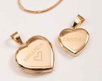 Colgante de medallón en forma de corazón de oro amarillo macizo de 14 quilates, collar con colgante de medallón en forma de corazón para 2 fotos, colgante de medallón conmemorativo personalizado con grabado de nombre.