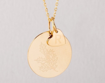 Personalized Birth Flower Disc Necklace 14k SOLID Gold, Month Floral Disc & Heart Pendant Necklace, Custom Initial Engraved Necklace Gift