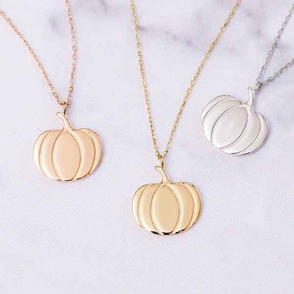 14k Gold Pumpkin Necklace, Golden Design Fall Necklace, Pumpkin Pendant & Pumpkin Charm, Haloween Necklace and Gold Pumpkin