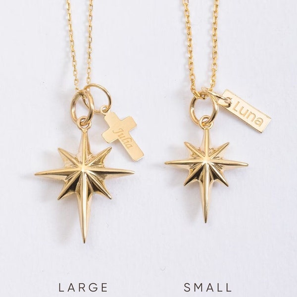 Personalized Starburst Cremation Urn Charm Necklace With Cross Bar Star Wing Heart Infinity Paw Print Add on Charms in 4K 18K Solid Gold