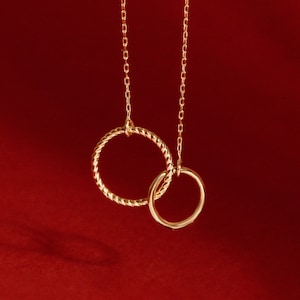 14K 18K Solid Gold Eternity Circle Necklace, Dainty Double Open Circle Necklace, Two Interlocking Entwined  Rings Infinity Layering Necklace