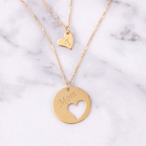14k Solid Gold Mother Daughter Necklace Set, Custom Engrave Name Initial Heart Layered Necklace Set, Layered Necklace Set Gold Gift for Her.