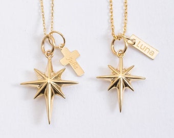 Personalized Starburst Cremation Urn Charm Necklace With Cross Bar Star Wing Heart Infinity Paw Print Add on Charms in 4K 18K Solid Gold