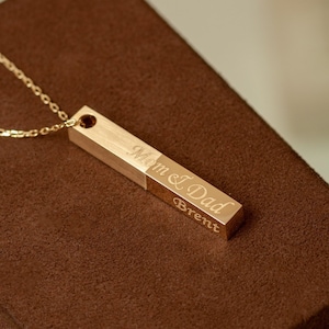 Personalized Vertical 4cm Large Real Gold Bar Pendant, 14K Gold Four Side Custom Name Vertical Bar Pendant, Engrave Name Date 3D Bar Pendant