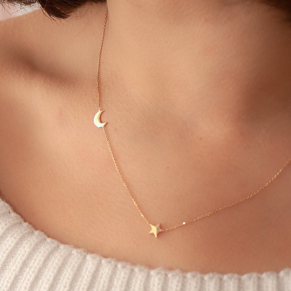 14k Gold Crescent Moon and Star Gold Necklace, Elegant Solid Gold Moon and Star Necklace is a Great Gift For Her.