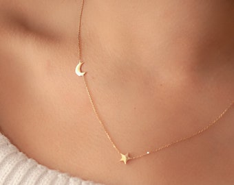 14k Gold Crescent Moon and Star Gold Necklace, Elegant Solid Gold Moon and Star Necklace is a Great Gift For Her.