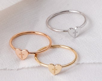 Tiny Cross Heart Ring in 14K or 18K Solid Gold, Dainty Christian Heart Ring, Yellow White or Rose Gold Cross Ring, Stacking Cross Heart Ring