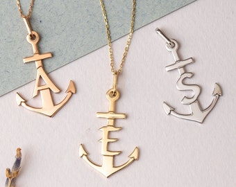 Custom Initial Anchor Necklace in 14K/18K Solid Yellow Rose White Gold, Nautical Personalized Pendant, Sailor Summer Jewelry, Gift for All