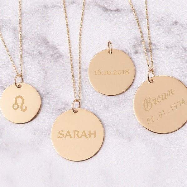 18K Solid Custom Name Date Initial Coordinate Engraved Disc Pendant Necklace, Personalized Dainty Solid Gold Circle Coin Disk Pendant Gift