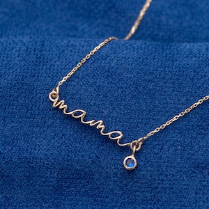 Collar de oro macizo de 14 k y 18 k para nueva mamá con piedra de nacimiento, collar minimalista con piedra de nacimiento para mamá, delicado collar personalizado para madre, regalo para mamá