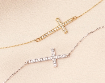 14K Solid Gold Sideways Cross Bracelet Women, Stylish Cz Cross Bracelet, Cubic Zirconia Cross Bracelet